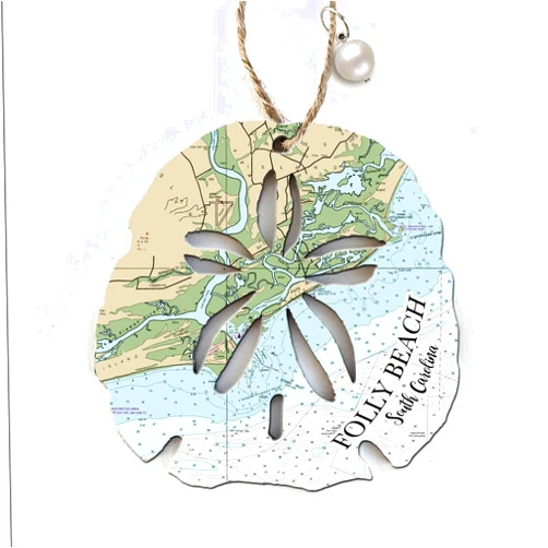 MapMom Ornament |Folly Beach, SC Sand Dollar Map Ornament| 4” Wood Hanging Map Ornament with Artwork & Pearl Charm | Perfect for Wine Bottles, Gift Bags, or Christmas Tree | Unique Gift for any Occasion