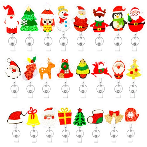 Honoson 24 Pieces Christmas Badge Reel Felt Badge Holder Nurse Reel Retractable Cute Badge Pull Construction for Nurse Teacher Doctor Women Men Office Stocking Stuffer with 24 Pieces Felt Christmas Badges