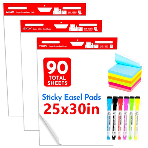 VISCOO Thickened Sticky Easel Pad, 25 x 30 Inches Flip Chart Paper for Teachers, Giant Self-Stick Chart Paper for Wall, Anchor Chart Paper for Classroom/Office with Sticky Note, 90 Sheets/3Pad