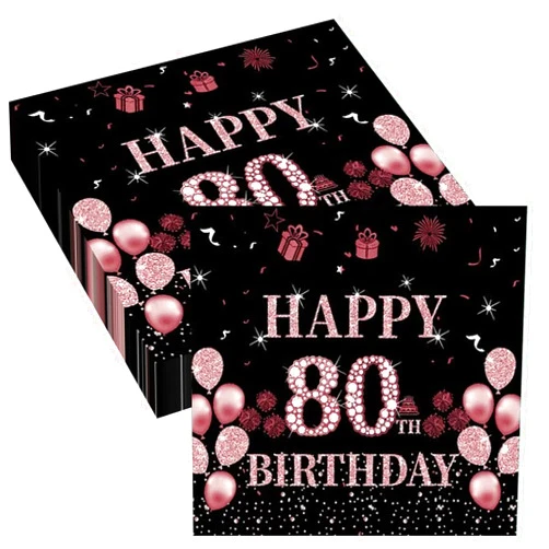Wentsent Black RoseGold Napkins 80th Birthday, Vintage 80th Birthday Paper Napkins, 40 Pieces Cocktail Napkins, 80th Birthday Disposable Napkins for Women Birthday Party Decoration (Black Rosegold 80S, 40P)