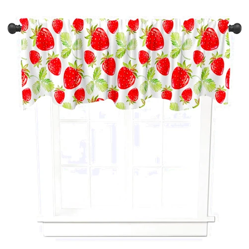 Fanghui Red Strawberry Window Treatment Valance 54X18in Watercolor Fruit Summer Strawberry Window Valance with Rod Pocket for Kitchen Dining Room Window Decoration