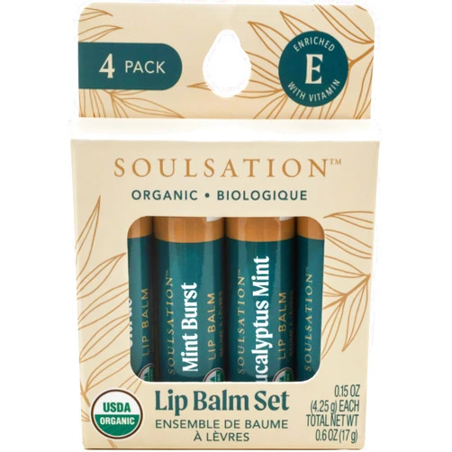 SOULSATION Organic Lip Balm Set, 4 Flavors - Moisturizing for Cracked & Dry Lips