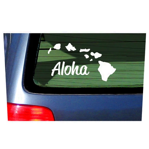 Stickermatic Aloha with Hawaii Island Chain Decal Sticker - White Vinyl Window Hawaiian Islands