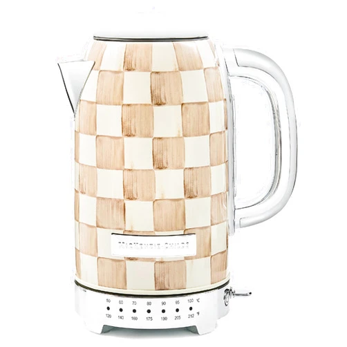MACKENZIE-CHILDS Electric Kettle, Stainless-Steel Tea Kettle, Brown-and-White Mocha Check