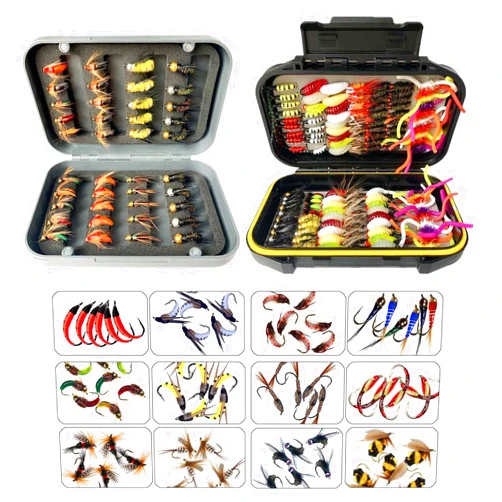 Qievcrme 2Set Bundle Fly Fishing Flies Assortment Kit Dry Wet Nyphms Popper Streamer for Trout Bass Steelhead Fish