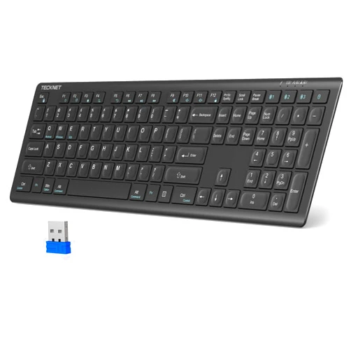 TECKNET Bluetooth Keyboard Rechargeable, 4-Device (2.4G+BT) Wireless Keyboard, Full Size Computer Keyboard with Stand, Ultra-Slim Quiet Typing, for PC/Laptop/Smart TV/Phone/Tablet, 12 Hotkeys