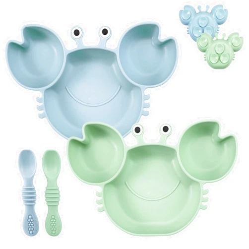 PandaEar 2 Pack Silicone Suction Plate for Baby, Divided Unbreakable Toddler Food Plate with 2 Pack Spoons for Self Feeding, Toddler Utensils Feeding Set Baby Eating Supplies, Crab Shape -Blue&Green