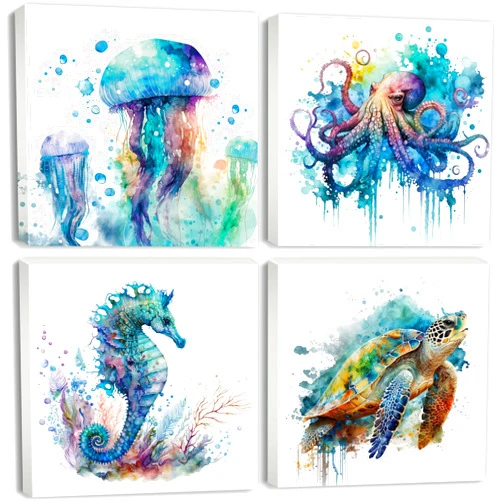 YOOOAHU Watercolor Octopus Seaturtle Seahorse Jellyfish Wall Art Beach Bathroom Decor Sea Animal Canvas Pictures for Bedroom Living Room Home Decoration Ocean Marine Life Coastal Painting Artwork 12x12
