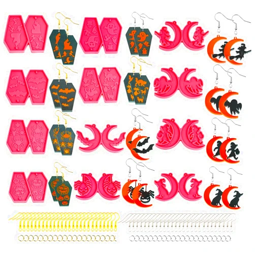 JHYlilia 12 Pairs Halloween Earring Resin Silicone Molds, Halloween Coffin Pumpkin Bat Witch Ghost Dangle Molds with 160Pcs Earring Hook Jump Ring for Epoxy Resin Casting Jewelry Making DIY Craft