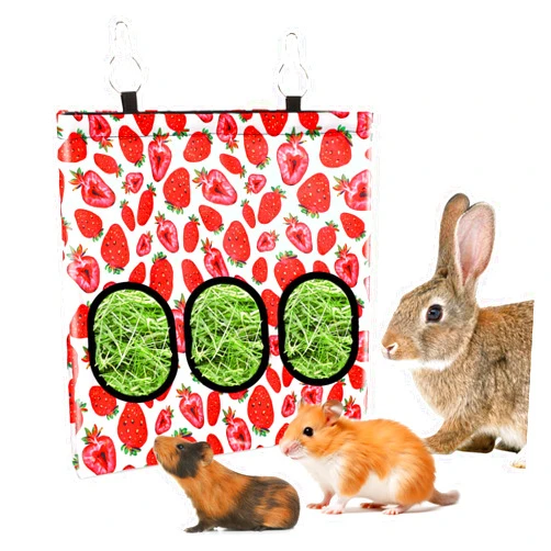 Jeffdad Rabbit Hay Feeder, Hanging Hay Feeder Guinea Pig Hay Bag Rabbit Feeder Storage Bag, for Rabbits Chinchillas Hamsters Rats and Other Small Pets (2 Holes Strawberry)