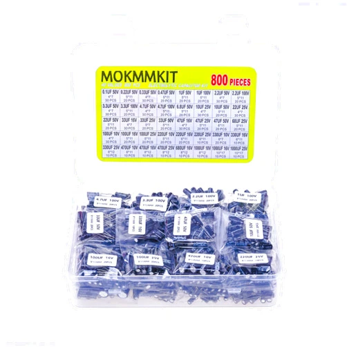 MOKMMKIT 40 Values 800 Pieces, 0.1uF-1000uF, 10V 16V 25V 50V 100V, Electrolytic Capacitor Assortment Kit, DIY in-line Aluminum Capacitors Set, Direct Insertion Series