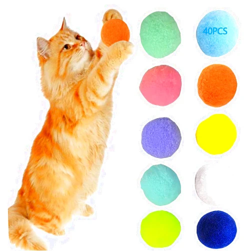 VIRHWOEA 40Pcs Plush Cat Pom Pom Ball Toy Indoor, 10 Colors Cat Training Play Balls [1.2 in] Colored Appeal to Kitten Interactive - No Harm Fuzzy & Soft Lightweight Pet Cat Toy Balls Bulk