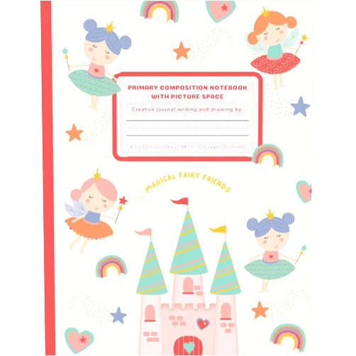 Pisteuo Design Press Magical Fairy Friends Primary Composition Notebook with Picture Space: Primary Journal Composition Book | Kindergarten Grade K-2 | Space to Draw and ... Coloring Pages | Fairy Notebook for Girls