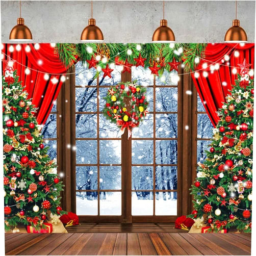 Hnzwbxg 10x8ft Red Christmas Backdrop With Bear, Gifts, Tree, Windows - Photo Background for Family Gathering, Xmas Party Decoration
