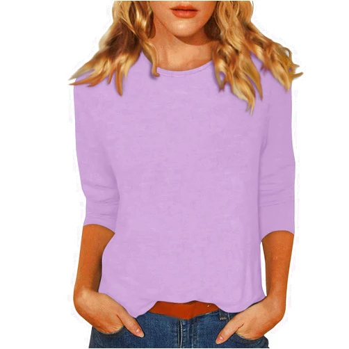 WJDNHKYD Women's 3/4 Sleeve Shirts Crew Neck Loose Tops Casual Solid Color Tshirts Trendy Basic Tunic Summer Ladies Tops