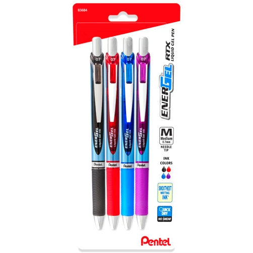 Pentel Energel Gel Pen - RTX Deluxe Retractable Energel Liquid Gel Ink Pens 0.7 mm - Needle Tip - Assorted Ink Colors - Pack of 4 includes Black, Blue, Violet, and Red pen
