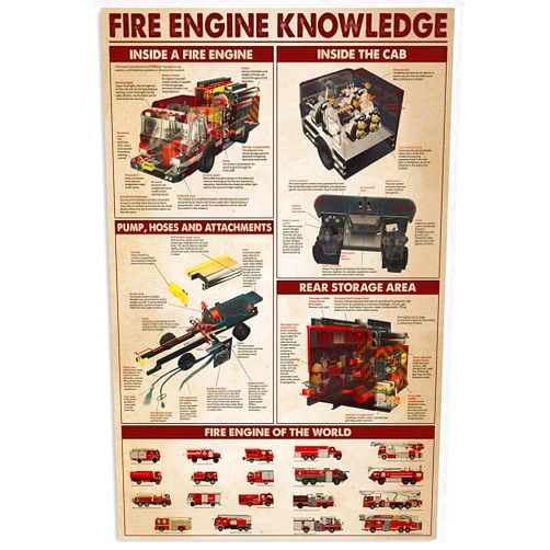 LHYNBBD Fire Engine Knowledge Metal Sign Vintage Office Decor Fire Engine Parts Tin Poster Fireman Home Room Club Wall Decoration Plaque