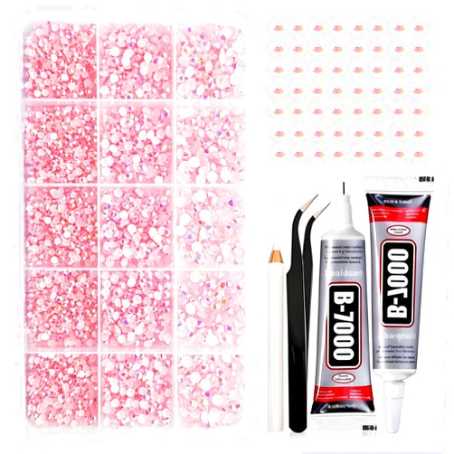 Spaidoon Light Pink Rhinestones for Nails, 3/4/5mm Resin Flatback Gems with 2 x B7000 Glue, Dotting Pen, Tweezers for Bedazzling DIY Crafting