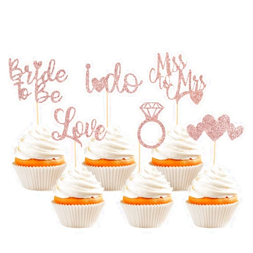 Hengmerry 24 Pack Bride to Be Cupcake Toppers Glitter Love Heart Diamond Ring I Do Cupcake Picks Miss to Mrs Cake Decorations for Bridal Shower Wedding Engagement Party Supplies, Rose Gold