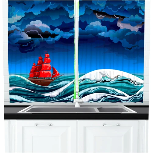 Ambesonne Nautical Kitchen Curtains, Vintage Vessel Sailing in Stormy Weather at Dark Night Majestic Wave Print, Window Drapes 2 Panel Set for Kitchen Cafe Decor, 55