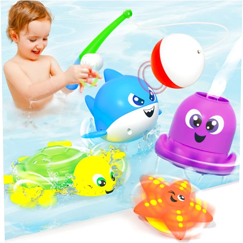 JOYIN Bath Fishing Toy Set for Toddlers - Magnetic Toy with Fishing Rod, Spinning Octopus and Starfish, Wind-up Shark and Turtle - Sensory Development for Infants
