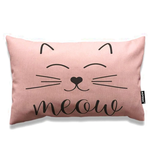 AOYEGO Cat Face Throw Pillow Cover 12x20 Inch Cute Animal Kitten Cat Smile Meow Rectangle Pillow Cases Home Decorative Cotton Linen Cushion Cover for Bed Sofa Pink