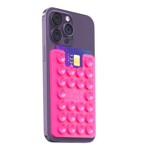 StickyGrippy Suction Phone Card Holder Mount, Phone Wallet, Silicon Adhesive Phone Accessory for iPhone and Android, Hands-Free Mirror Shower Phone Holder, TikTok Videos and Selfies (Pink)