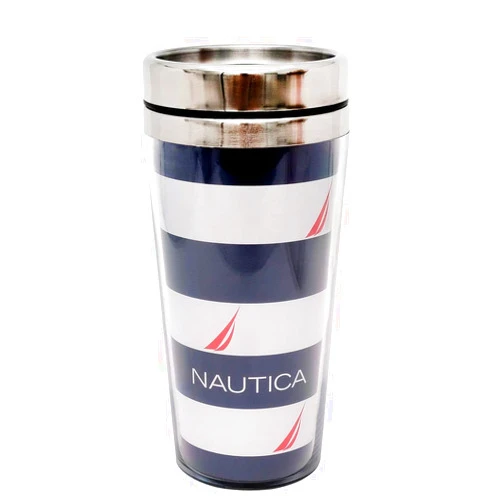 Nautica Insulated Travel Mug - Vacuum Double Wall Stainless Steel Coffee Tumbler with Lucite Outer and Slide Lid - Perfect for On-the-Go Reusable Thermos 15 OZ-Blue Stripe White