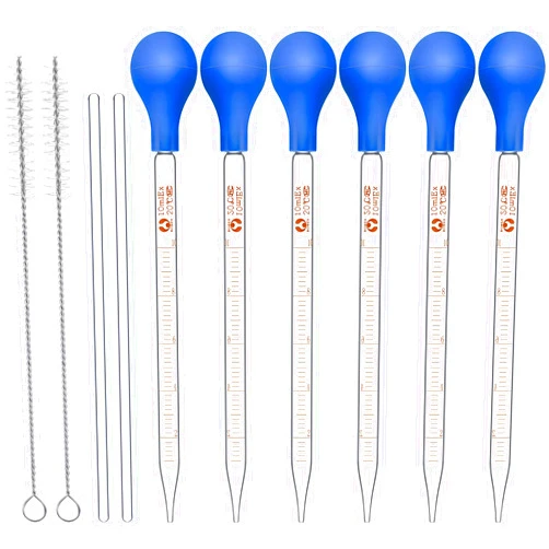 Weewooday Glass Droppers Pipettes Graduated Lab Dropper Glass Liquid Pipette with Big Rubber Hats 20 cm Glass Stir Rod Washing Brush Transfer for Liquid Essential Oil(Blue, 10 ml, 16 Pieces)