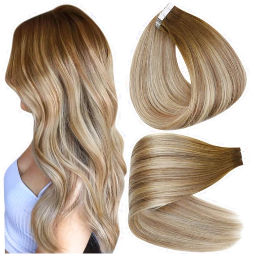 Full Shine Tape In Real Hair Extensions 18Inch Color 3 Fading to 8 Highlighted 22 Blonde Balayage Seamless Tape In Extensions Human Hair 50G Remy Hair Extensions Tape ins Straight 20Pcs for Wedding