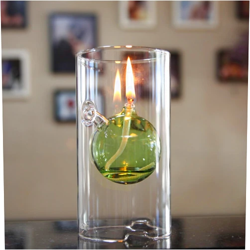 MEMEOKON Glass Oil Light Borosilicate Includes Bliss Suspended Hurricane Candle Holder Sleeve Lamp 8 x15CM (Within Green Ball)