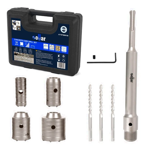 Sollar 10PCS Concrete Hole Saw Kit with 3Drill Bits and 220mm SDS Plus Connecting Rod,YG9 Tungsten Carbide Tip and Harden High Carbon Steel Body Plus for Concrete Stone Wall,Kit Size 30 40 50 65mm