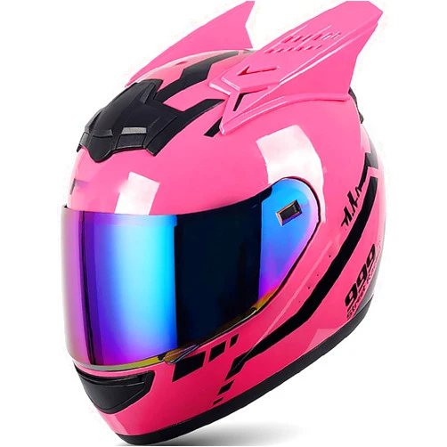 Beidiyinger Girl Women Motorcycle Helmet Cat Ear Helmet FMVSS 218 DOT Approved Full Face Motorbike Helmet Four Season Flip-Up Helmets with Sun Visor for Street Bike Racing Motocross 2, L=(59~60CM)