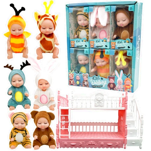 SwankyStyle 6 Pcs Mini Baby Dolls 4 Inch Gift Set, Cute Small Baby Doll Toys with Animal Clothes and Bunk Bed for Kids 3+ Year Old Gift (Style C)