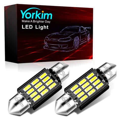 Yorkim 6418 LED Bulb, 36mm LED Bulb 6500K White Super Bright Interior Lights 12-SMD 4014 Chipsets, C5W LED Bulb, Festoon LED 36mm 37mm 38mm LED, DE3021 Bulb C5W LED Bulb White, Pack of 2