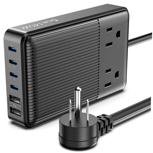 JHZL Charging Stations Flat Plug Power Strip 140W, 8-in-1 Power Strip, GaN Charger USB C Fast Charging Station with 2 AC, 4 USB C, 2 USB A, Ports, 6.5ft Extension Cord. for iPhone/MacBook/Laptop (Black)