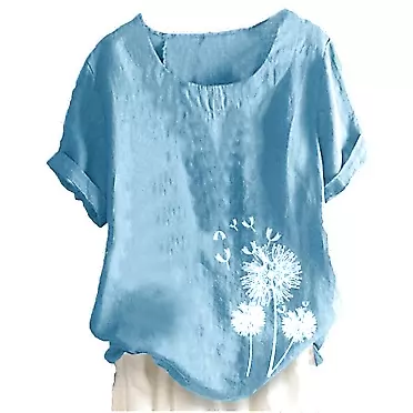 MINGE Women's Summer Cotton Linen Tshirt Tops Trendy Dandelion Print Casual Loose Fit Tunic Tee Crewneck Blouse 01-blue Large