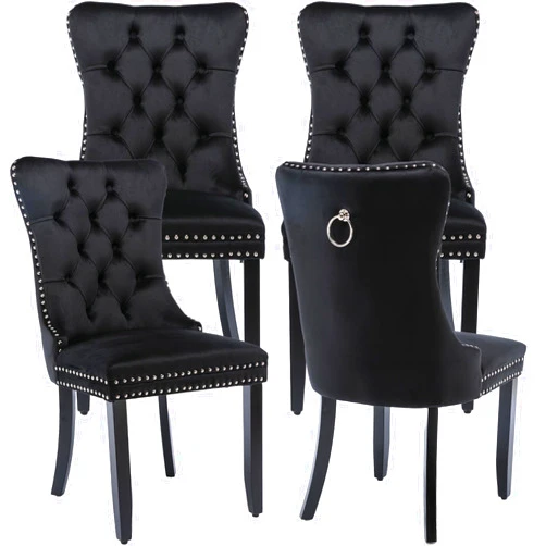 ODUSE-DAILY Black Velvet Dining Chairs Set of 4, Kitchen & Dining Room Chairs, Four Fabric Tufted Dinning Chairs, Velvet Upholstered, Wing Back, Metal Pull Ring, Wood Frame, Mid Century Modern