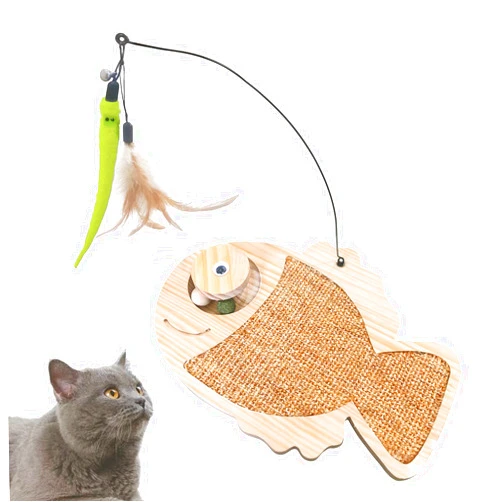 Petest Interactive Cat Toy Cat Scratch Toy Natural Sisal Cat Scratcher with Catnip Balls, Cat Scratch Pad with Cat Toy Roller, Fish Design