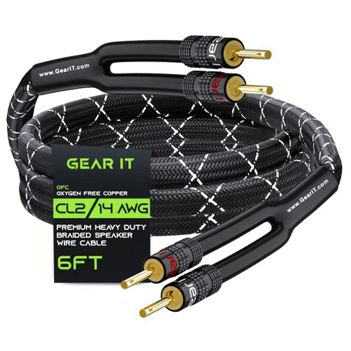 GearIT 14AWG Premium Heavy Duty Braided Speaker Wire Cable (6 Feet) Dual Gold Plated Banana Plug Tips - in-Wall CL2 - Oxygen-Free Copper (OFC) Black