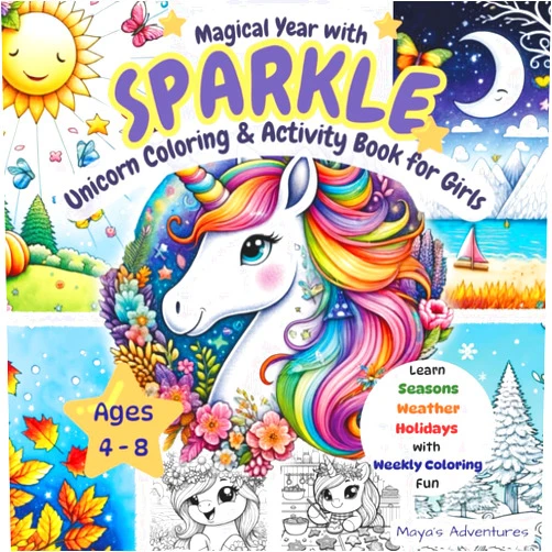 Maya's Adventures Magical Year with Sparkle: Unicorn Coloring & Activity Book for Girls Ages 4–8 - Learn Seasons Weather Holidays with Weekly Coloring Fun