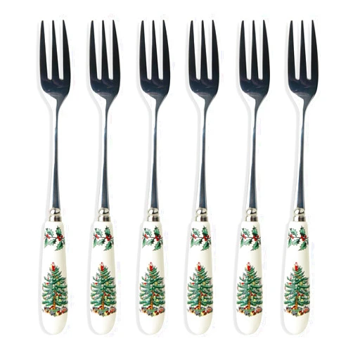 Portmeirion Christmas Tree Pastry Forks (Set of 6), Stainless Steel Forks with Porcelain Handles for Holiday Meals, 6-Inch Festive Christmas Flatware - Seasonal Tableware & Silverware Gift Set