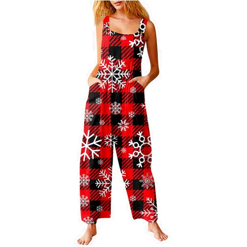 ADHOWBEW Christmas Jumpsuit for Women 2024 Loose Fit Funny Button Strap Cute Sleeveless Snowflake Holiday Overalls
