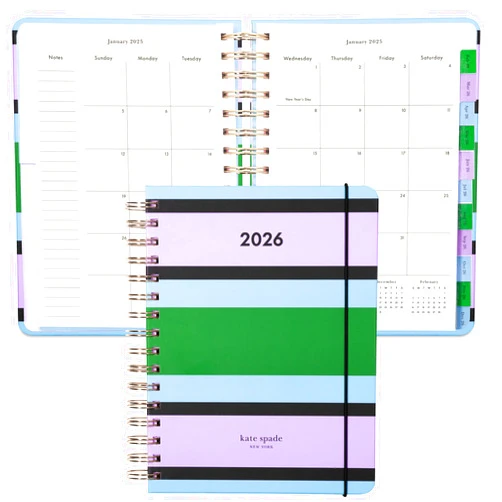kate spade new york Daily Planner 2026 Large Agenda January-December 2026, Hardcover Weekly and Monthly Spiral Planner with Stickers (Downtown Stripe)