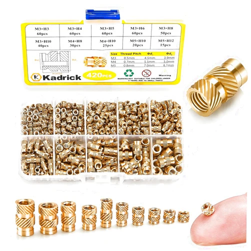 Kadrick 420Pcs M3 M4 M5 Threaded Inserts Assortment Kit for 3D Printing Components, Metric Brass Knurled Nuts, Insert by Heat into Plastic Parts