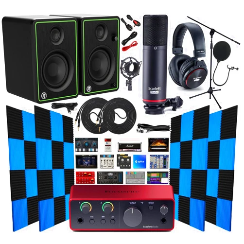 Focusrite Scarlett Solo Studio 4th Gen 2x2 Audio Interface Complete Recording Bundle with Exclusive Creative Music Production Software Kit with CR3-X Multimedia Monitors 24 Pack Acoustic Wedge Panels