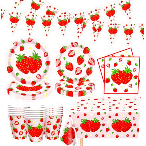 FVEOCR 83PCS Strawberry Theme Party Supplies Strawberry Birthday Party Tableware Set Berry Sweet Birthday Decorations Sweet Fruit Theme Party Supply for 1st Baby Shower Serves 20 Guests