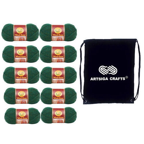 Lion Brand Yarn Lion Brand Wool Ease Forest Green Heather 620-180 (10-Skeins - Same Dye Lot) Worsted Medium #4 Acrylic, Wool Yarn for Crocheting and Knitting with Project Bag