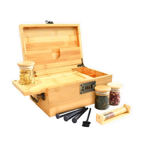 JIABOLANG Bamboo Box with Combination Lock, Decorative Box with Handle, Large Storage Stash Box Set for Storage Tea, Coffee Bean etc, Lockable Stashbox Organizer Set as Great Gift Choice (Bamboo)