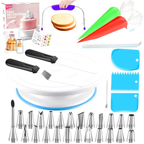 Syntus 65 PCs Cake Decorating Kit with Cake Stand Turntable, Cake Baking Supplies 30+1 Piping Bags, 24 Piping Tips, Offset & Straight Spatulas, 3 Scrapers, Leveler, 2 Couplers & 1 Tips Brush